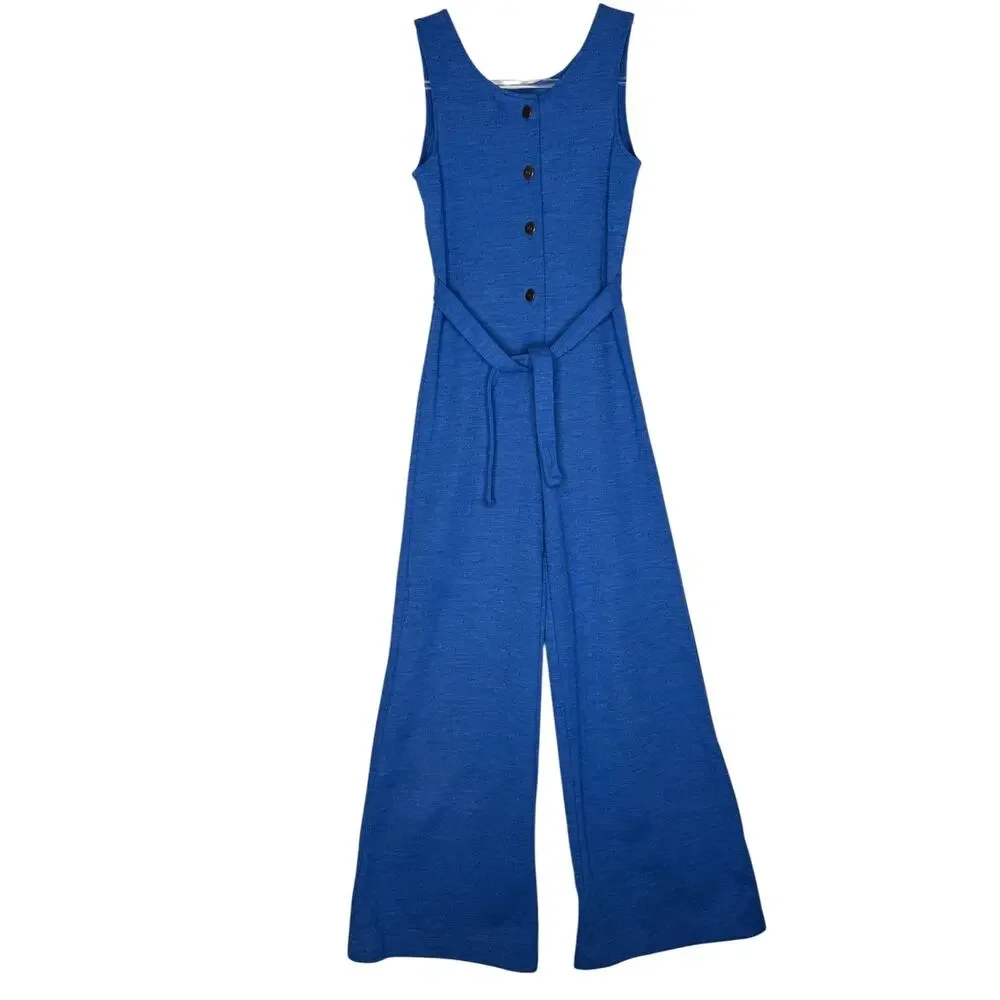1970s Pic-Nics by Her Majesty Blue Knit Jumpsuit Turtleneck Set USA XS
